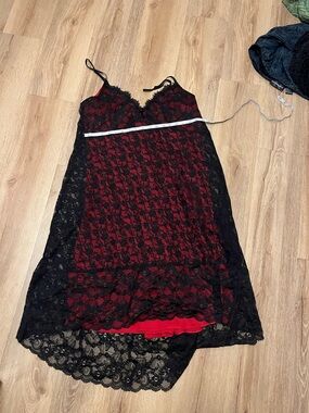 Cacique Red Slip Dress with Black Lace Overlay